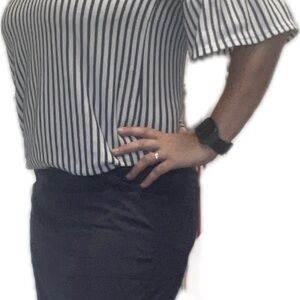 W5 Striped Blue and White Blouse with blue skorts. Business casual. Half sleeve